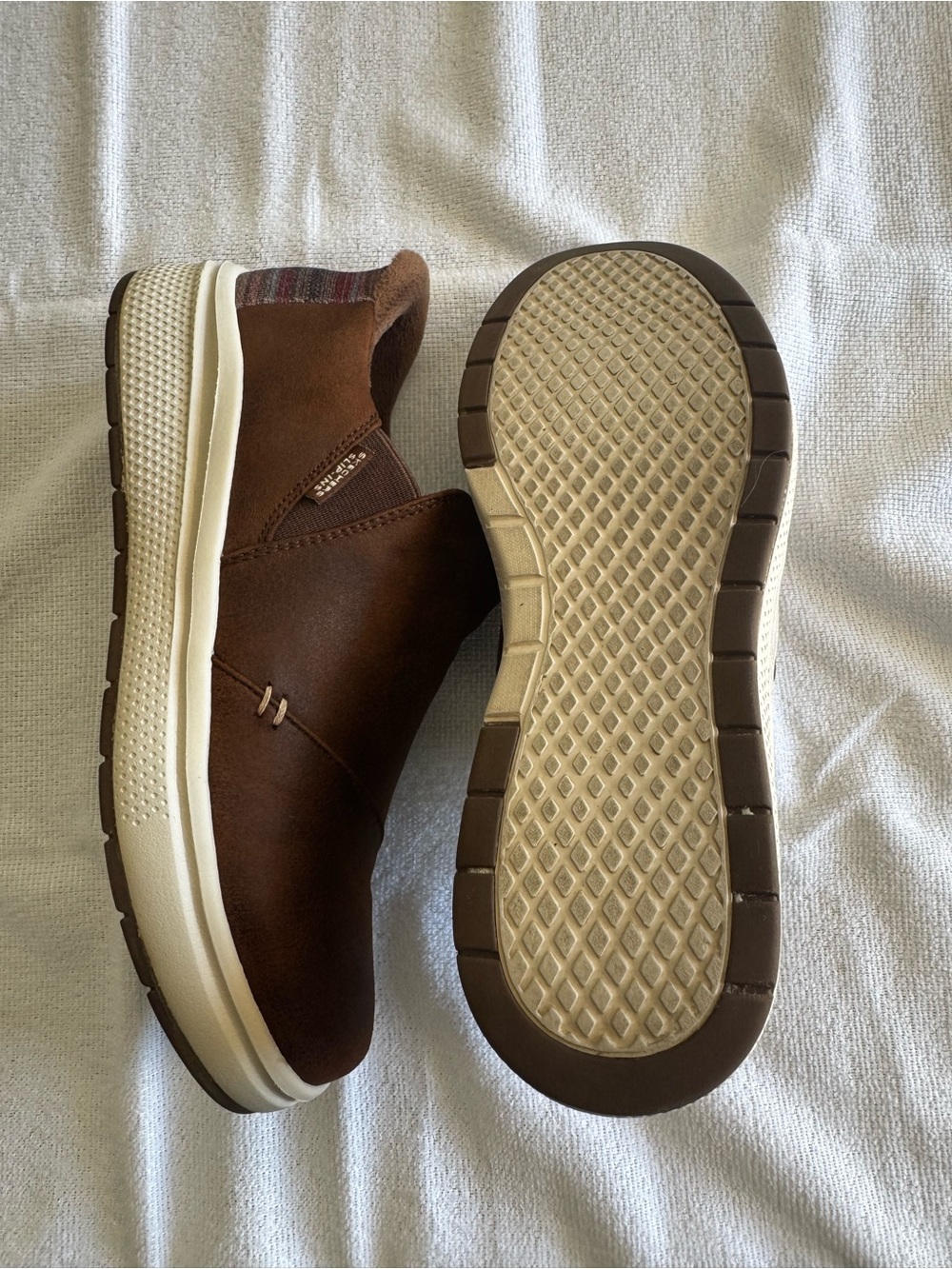 Skechers Tan Slip-On Loafer with Multicolor Striped Heel Panel - Picture 7 of 12